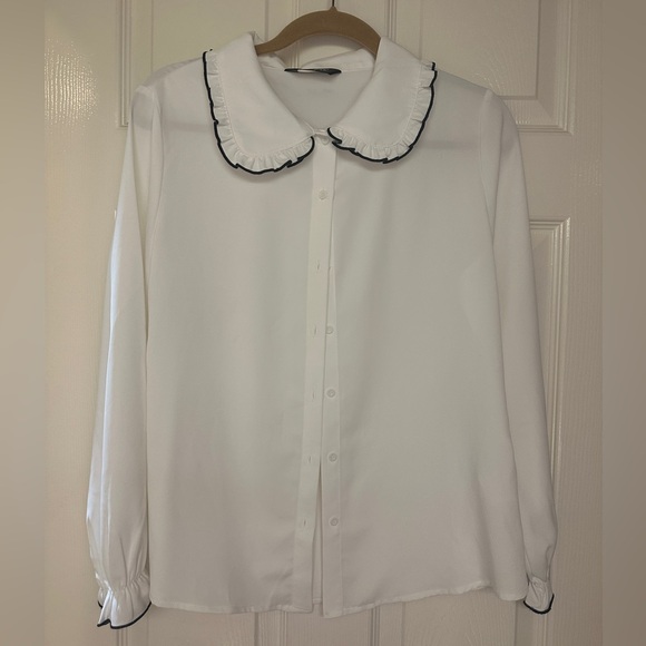 Allegra K Women's Long Sleeve Blouse Ruffle Peter Pan Collar Button Down - Picture 2 of 5